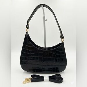 Made in Italy -Black Croc-Embossed Shoulder Bag - Women's Fashion Handbag